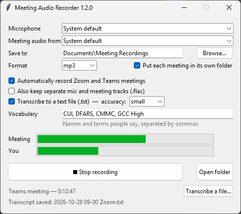 The Meeting Audio Recorder window showing microphone and speaker choices, level meters and a Stop recording button